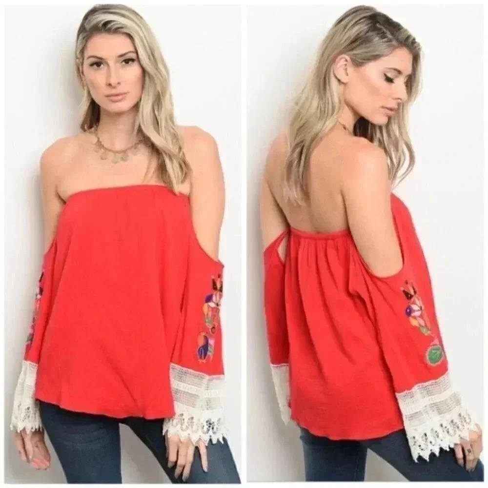 OFF SHOULDER RED TOP WITH EMBROIDERED SLEEVES